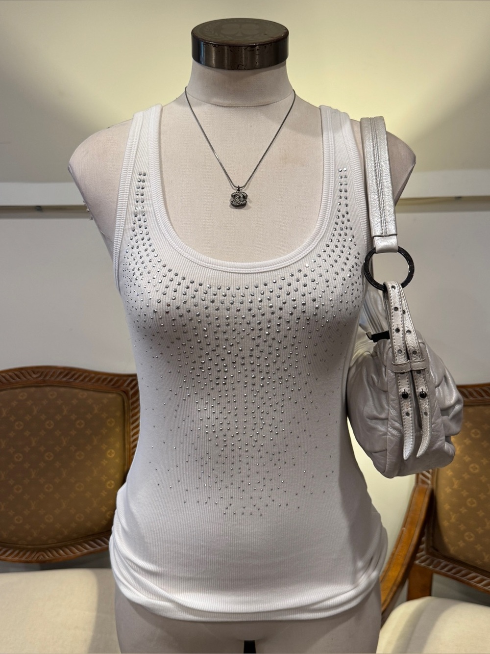 Y2K White Studded Cotton Scoop Neck Tank Top Size M